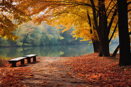 秋叶飘落秋叶环绕湖畔背景
