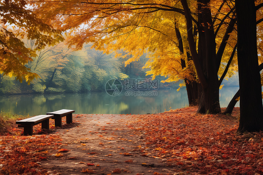 秋叶环绕湖畔图片