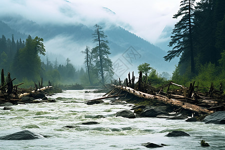 迷雾中的河流和山脉图片