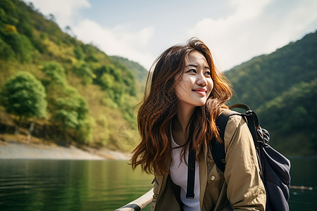 女子背着背包图片