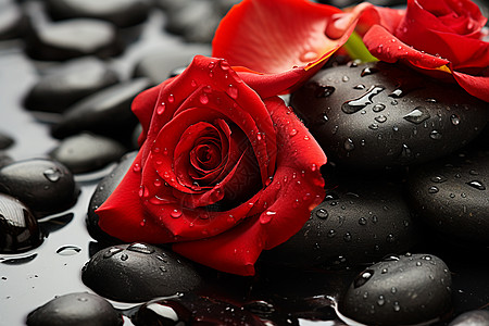 玫瑰花水石头上的花朵背景