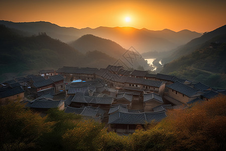 夕阳映照下的山村图片