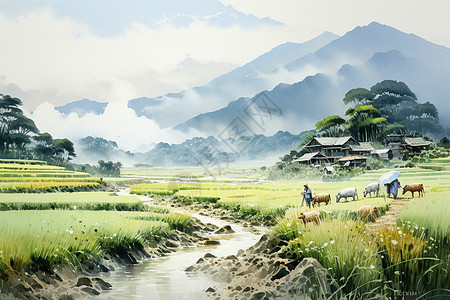 稻田中的牧童图片