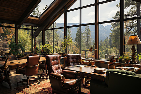 窗外森林景色下的舒适会议室图片