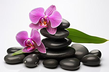 紫色兰花和黑色鹅卵石图片