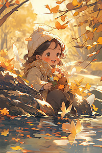 秋天里的小女孩和风筝图片