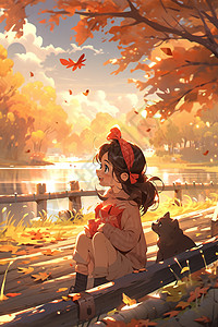微笑照片少女在河岸上微笑，欣赏着秋天景色的照片插画