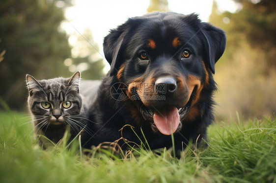 草坪上的小狗和小猫图片