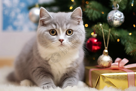 在圣诞树旁边的小猫图片