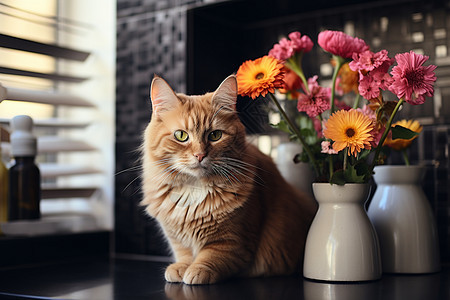 花瓶旁的动物猫咪图片