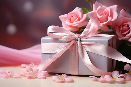 粉红玫瑰花与礼品盒图片