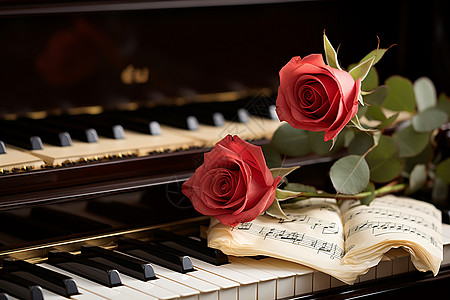 钢琴和玫瑰花图片