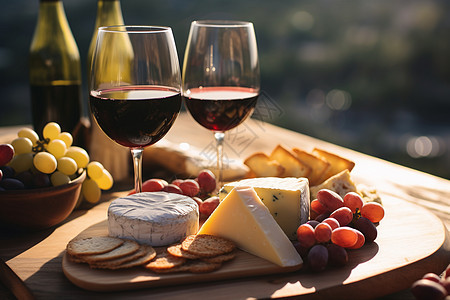 桌面上的葡萄酒和奶酪图片