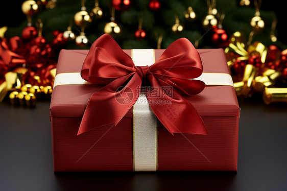圣诞饰品前的红色礼盒图片
