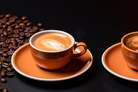 桌子上的咖啡和咖啡豆高清图片