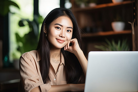 女子微笑看电脑图片