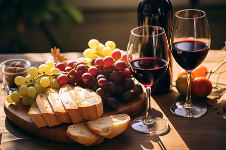 桌面上的面包葡萄和酒精图片