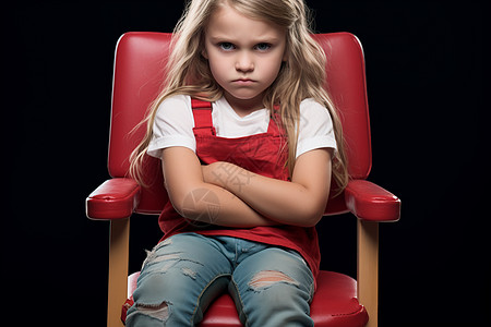 孩子生气坐在椅子上生气的女孩背景