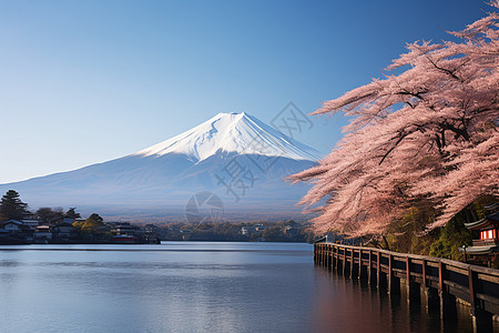 户外的火山和樱花背景图片