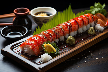 木盘上美味的寿司图片