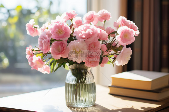 粉色花束和书图片