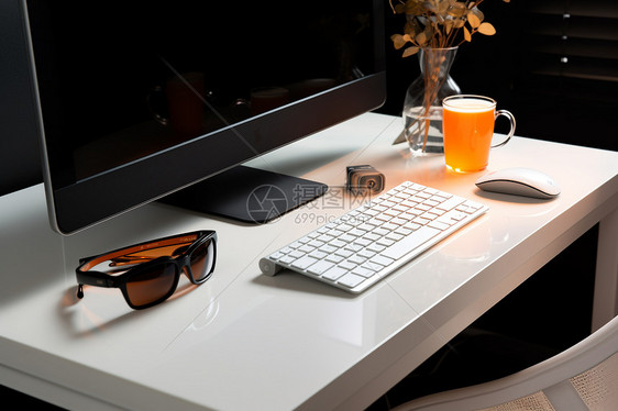 办公桌的显示器和键盘图片