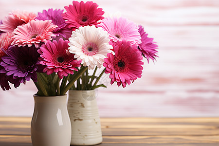 粉白花瓶配桌面，春季花海图片