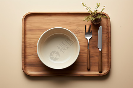 木制托盘上的餐具图片