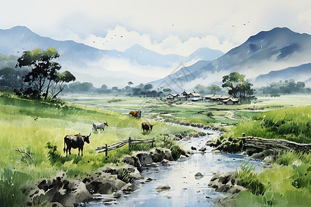 美丽山脉中的稻田图片