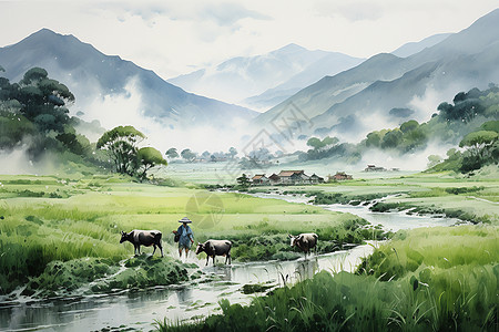 细雨蒙蒙的乡村风景图片
