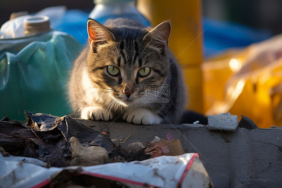 可爱小猫在垃圾桶旁边图片