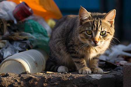 一只猫站在垃圾堆上图片