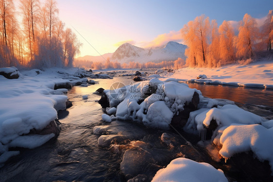 夕阳与雪景图片