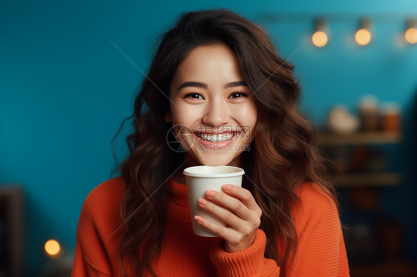 微笑女孩与咖啡高清图片下载-正版图片600640057-摄图网