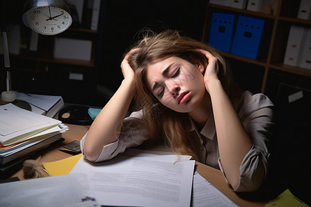 办公桌前工作的疲倦女性高清图片