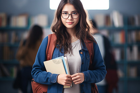 大学女生在图书馆里高清图片