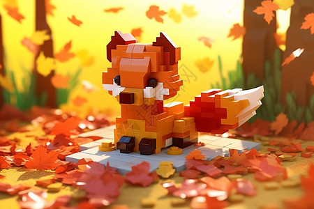 秋叶堆中的积木小狐狸图片