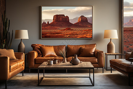 沙发后面的沙漠挂画背景图片