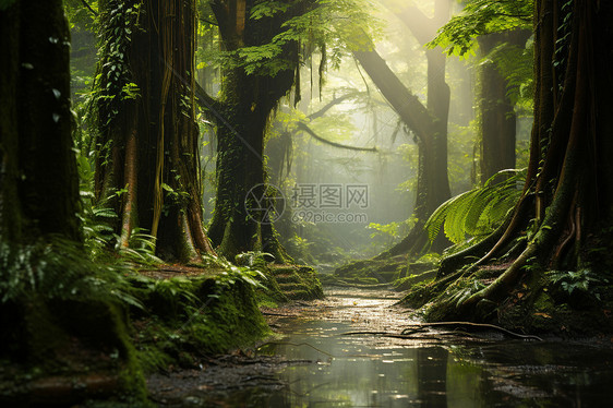 丛林大树下的溪流图片