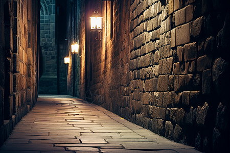 城市夜晚星空黑暗巷道中的石墙背景