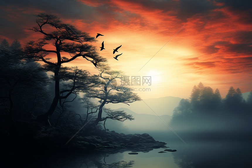 晨曦薄雾中的山水图片