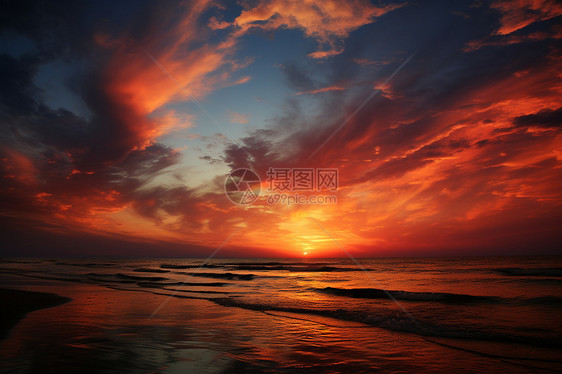 夕阳余晖下的海滩图片