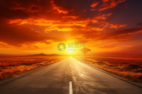 高速公路尽头的夕阳图片