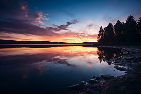 树林夕阳湖水映照着夕阳背景