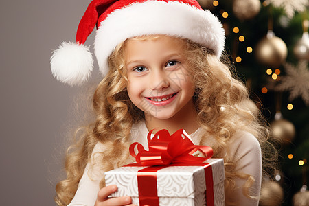 圣诞帽女孩可爱女孩捧着礼物盒背景