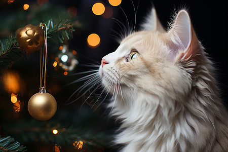 猫咪看着圣诞树图片