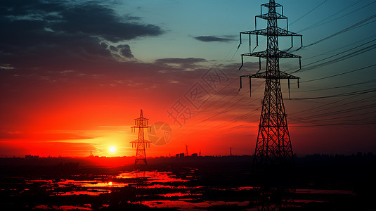 夕阳下的高压塔图片
