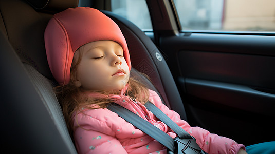 可爱的小女孩在汽车座椅上睡觉图片