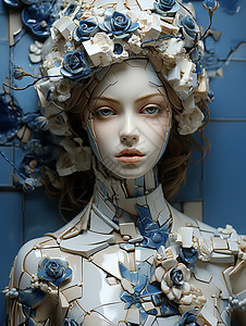 蓝色花朵簇拥的女性雕塑图片
