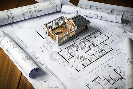 建筑蓝图上的房屋模型图片